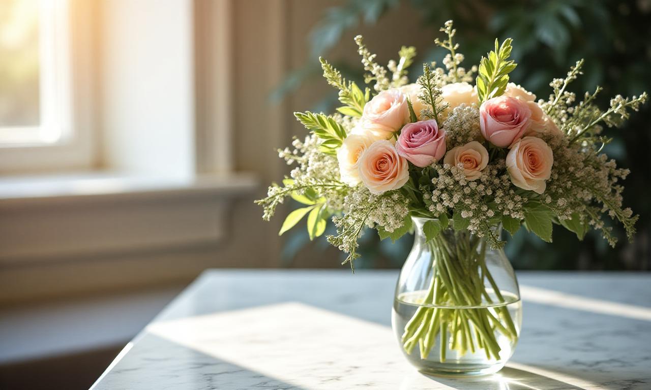 A beautiful arrangement of fresh cut flowers in a sunlit London apartment