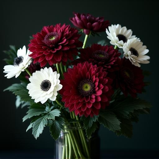 Deep red dahlias and seasonal foliage in a winter wedding arrangement