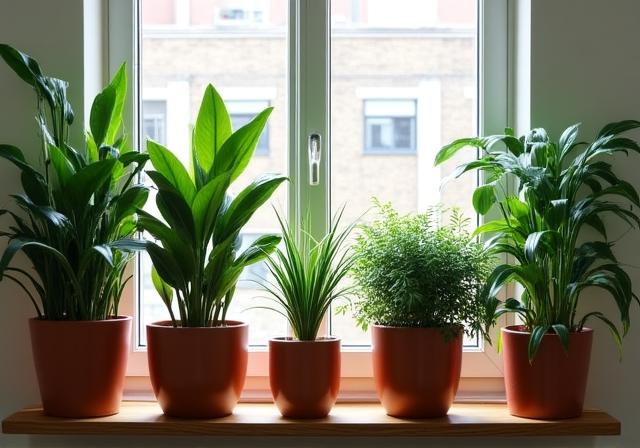 Lush green houseplants in a bright urban apartment window