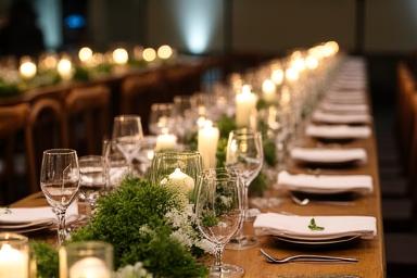 Elegant long table floral runner for a London wedding reception
